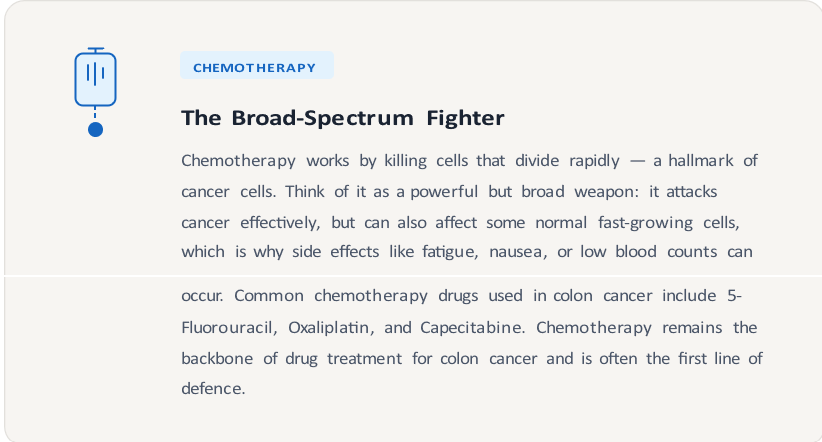 Screenshot 2026-06-05 063917 Chemotherapy informational card with an IV icon and the title 'The Broad-Spectrum Fighter' describing how chemo kills cancer cells and its side effects.