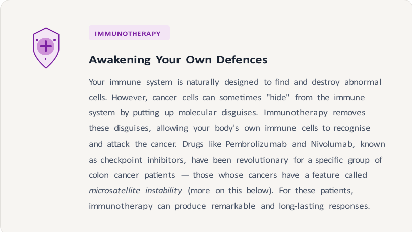 Screenshot 2026-06-05 064022 Information card about cancer immunotherapy with a shield icon, a purple IMMUNOTHERAPY tag, and the heading 'Awakening Your Own Defences'.
