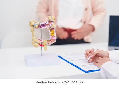 An anatomical model of the digestive tract on a stand at a clinic desk, with a clinician signing a form in the background.