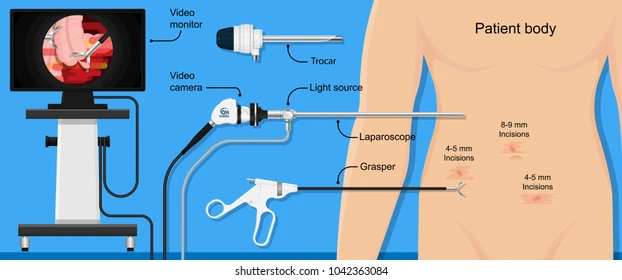 Infographic of laparoscopic surgery setup: monitor showing inside abdomen, camera, trocars, light source, laparoscope, and grasping tool lined up with a patient’s abdomen incisions.